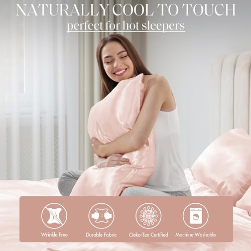 Image of Madison Park Essentials Set of 2 Satin Pillowcase for Hair & Skin, Luxuriously Soft, Silky with Natural Sheen Luster, Cool to Touch, Wrinkle-Free, Machine Washable, King Blush 2 Piece