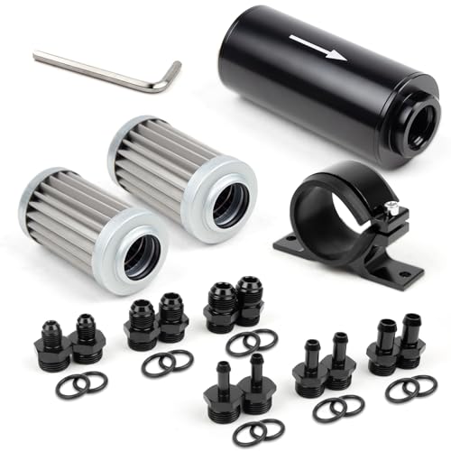 Medoon 10 Micron Inline Fuel Filter with 6AN 8AN 10AN Adapter(6pcs) Barb 1/2 3/8 5/16 Fitting Adapter (6pcs) Bracket Clamp 50MM Universal 10 Micron Filter Element Replacement