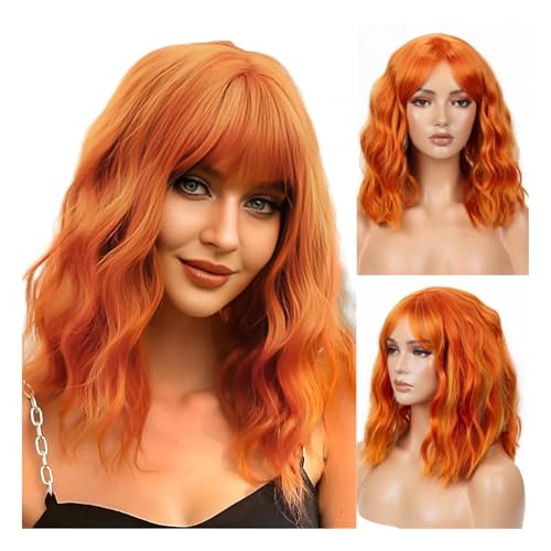 Image of QUEENTAS 12 Inch Short Ginger Bob Wavy Curly Hair Wig for Women Full Head with Bangs Synthetic Diwali Wigs