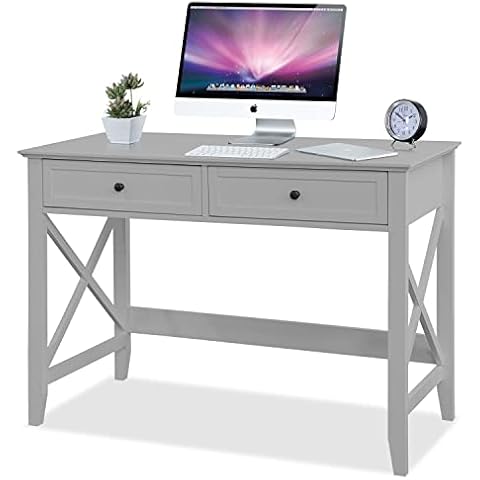 Lewahom Computer Desk with 2 Drawers, Elegant Home Office Writing Study Desk with Storage, Modern Simple Vanity Desk Console Table for Living Room, Grey Cover