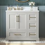 DELUXE LIVING 36 Inch Bathroom Vanity with Sink Combo, Solid Wood Frame with Mable Top &Backspalsh, Fully-Assembled with Soft-Closing Doors & 4 Drawers, Greige