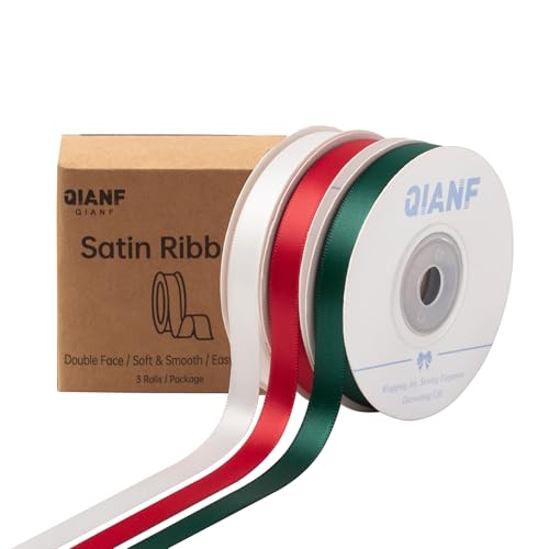 QIANF Red/Dark Green/White Double Face Satin Ribbon 3/8 Inch x 45 Yards Fabric Ribbon for Gift Wrapping, Flower Bouquets, Hair Bows Making, Wedding Decoration, Christmas (3 Rolls *15Yd)