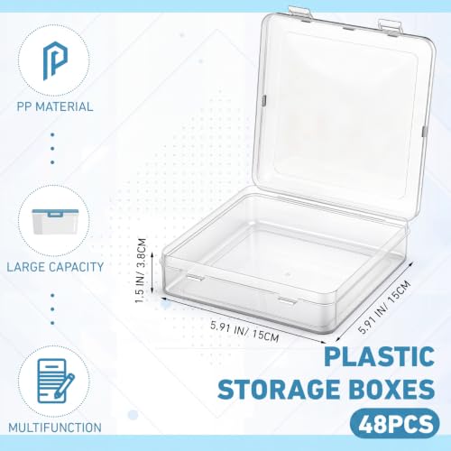 Image of SATINIOR 48 Packs Clear Small Plastic Containers Transparent Storage Box with Hinged Lid for Small Items Crafts Jewelry (5.91 x 5.91 x 1.5 Inches)