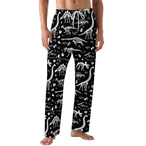 Black White Dinosaur Skeleton Print Mens Pajama Pants Wide Leg Sleep Drawstring Sleepwear Casual Loungewear