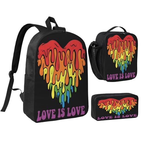 Love Is Love LGBT Gay Pride Rainbow Heart 17 Inch Backpack Sets Lunch Bag Lightweight Daypack for Men Women 3Pcs