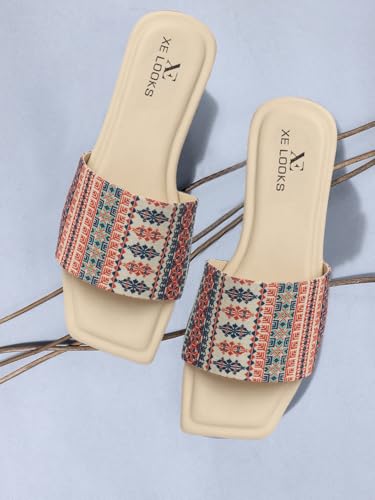 Image of XE Looks Women's Ethnic Slide Sandals | Soft Cushioned Flat Slippers | Comfortable Slip-On Slides for Women & Girls