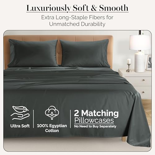 Casa Platino 100% Egyptian Cotton Sheets Twin XL Size Set - 4 Pcs (1 Flat, 1 Fitted, 2 Pillowcases)- Ultra Smooth Sateen Weave Bed Sheets Set with 15" Deep Pockets - Dark Grey