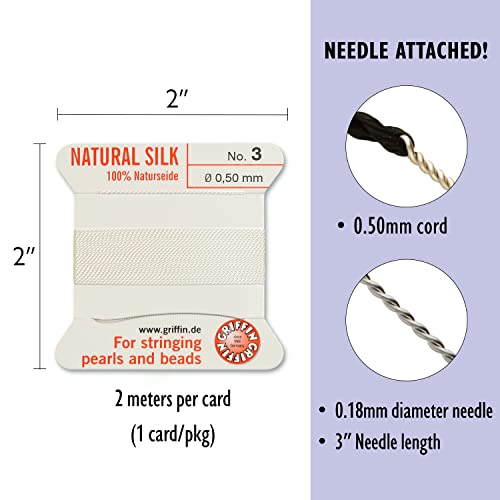 Griffin Silk Bead Cord Perlseide – White Color – Size 3 (0.50mm) – 2 Meters per Card – Stainless Steel Needle Attached – for Knotting Pearls, Gemstones, Crystals and Beads