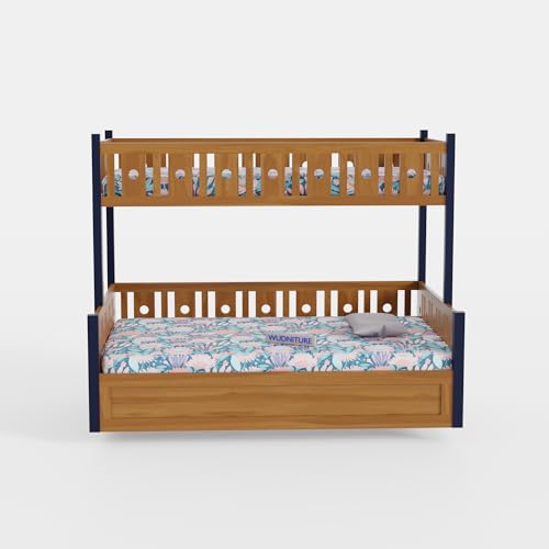 Image of Wudniture Solid Sheesham Wood Bunk Bed for Kids and Adults with Storage 6x4 feet Lower Bed and 6x3 feet Upper Bed (Brown and Blue)
