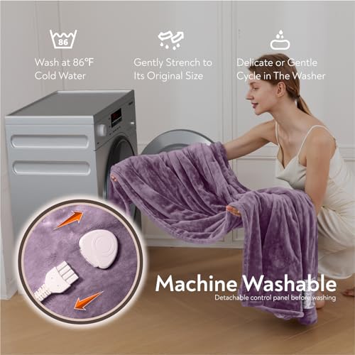 Image of Wapaneus Foot Pocket Heated Blanket Electric Throw with 10 Heating Levels and 4 Timer Settings 4 Hours Auto Shut Off, Flannel Fast-Heating Heated Throw 50 inch x 60 inch, Machine Washable, Purple