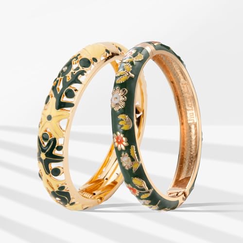 Image of UJOY Vintage Jewelry Cloisonne Handcrafted Flower Enameled Gorgeous Rhinestone Hinged Cuff Bracelet Bangles Gifts 88A10
