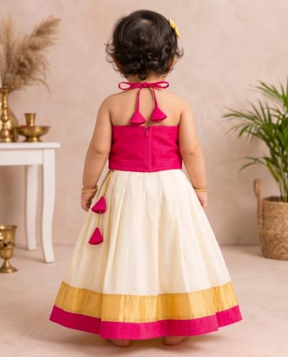 Image of Stanwells Kids Baby Girl Dress Cream Gold Pattu Pavadai Cotton Silk Lehenga Choli Kerala Kasavu South Indian Onam Festival Traditional Ethnic Wear