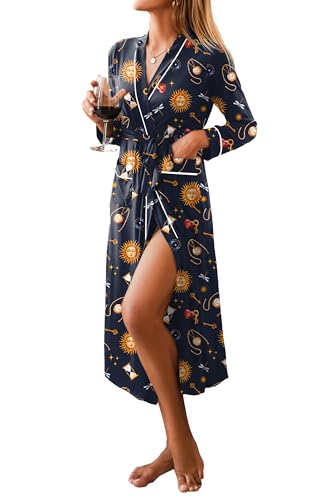 Image of Ekouaer Women Kimono Robes Full Length Knit Bathrobe Lightweight Soft Sleepwear V-neck Casual Ladies Loungewear S-XXL