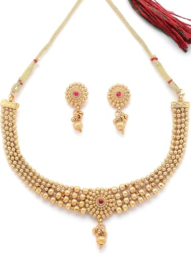 Image of Sukkhi Classic Gold Plated Choker Necklace with Drop Earring Jewellery Set For Women & Girls|Suited for All Festive Occasions|NS107402