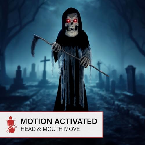 Haunted Hill Farm Motion-Activated 8.5-Ft. Tall Ginormous Reaper, Plug-in Talking Scare Prop Animatronic with Spooky Sound Effects and Lights for Indoor or Covered Outdoor Creepy Halloween Decoration
