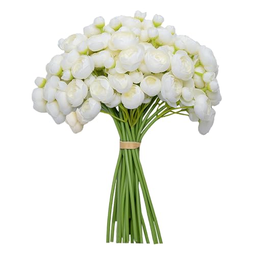 Meldel 32Pcs Ranunculus Artificial Flowers Ivory White Fake Peonies Real Touch Silk Faux Mini Ranunculus Filler Flowers Bulk for DIY Wedding Bouquet Vase Centerpieces Bridal Shower Decor