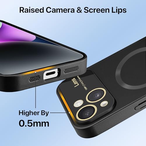 Image of Vaku Luxos Premium Polarized Leather Back Cover for iPhone 14 Texture Full Lens Protection Silicon Case Scratch Resistant Slim Thin Compatible with Mag-Safe - Black