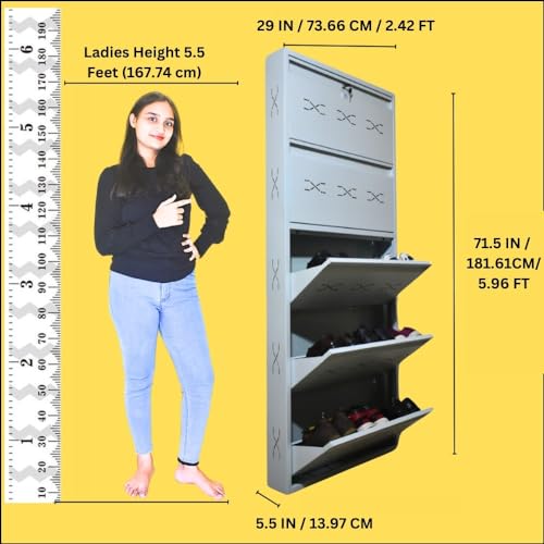 Image of I Metal Shoe Rack I Double Lock I Slim and Wall Mounted I 5 Shelves (Ivory Colour) I Coad LC 2L-05 IV I Height 71.5 Inches, Width 29 Inches, Depth 5.5 Inches I 3 Years Warranty.