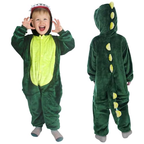 AYBUY Disfarce dinossauro para crianças, pêlos de manga comprida de peluche com capuz, dinossauros disfarce Jumpsuit com capuz e cauda, pijamas unissexo para crianças Halloween carnaval cosplay, Verde