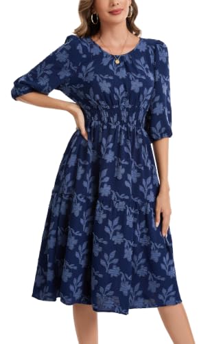 Image of Kormei Women Casual Boho Floral Round Neck 3 /4 Sleeve Smocked Waist Tiered A Line Flowy Swing Midi Dress Long Dresses