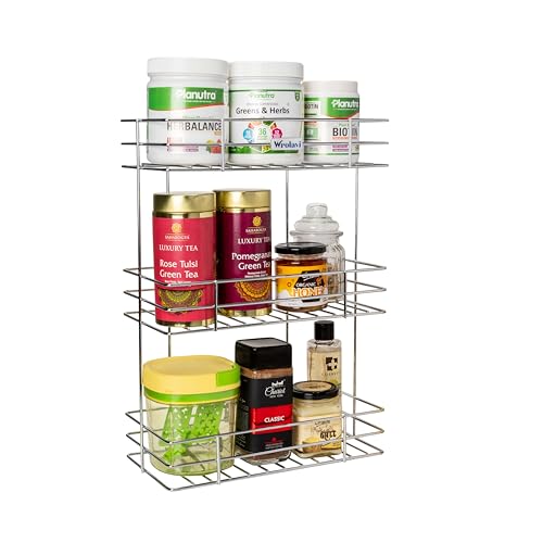 Image of 3 Layer Stainless Steel Kitchen Rack | Multipurpose Wall Hanging Shelves for Utensils, Oil Bottles & Spices | Bathroom Storage Organizer Stand | Durable & Rust-Free 3-Tier Container Holder