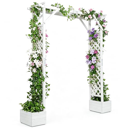 VINGLI Wooden Garden Arbor with Planter, Wedding Arch for Ceremony, Wood Garden Arbour Trellis for Plant Climbing, Pergola for Garden Backyard, Lawn, Outdoor (White)