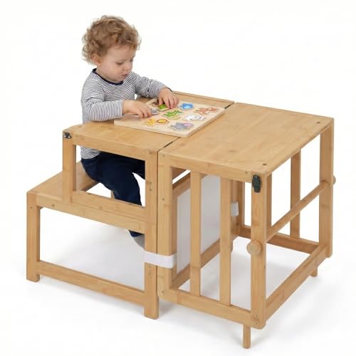 COSYLAND 3-in-1 Toddler Standing Tower with Whiteboard – Convertible Kitchen Stool for Toddlers – Globally Certified Kids Kitchen Step Stool (Natural)