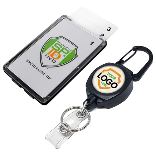 5 Pack - Heavy Duty Custom Logo Badge Reel with Multicard Badge Holder - Personalized Branded Sidekick Retractable Carabiner Reels - Customized Printed with Key Ring and 3-Card Holder by Specialist ID