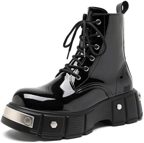 Men's Lace Up Platform Motorcycle Boots Patent Leather Ankle Boots with Side Zipper Comfort Metal Round Toe Punk Outdoor Combat Boots
