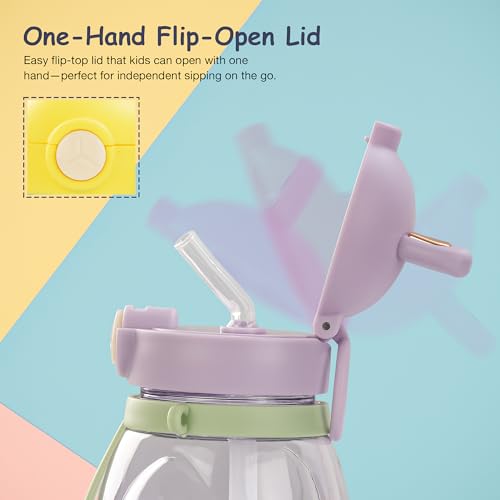 Image of Baybee Lovely Bunnies Kids Water Bottle 600ml | BPA Free & Leakproof Safe Sipper Bottle with Straw | Cute Rabbit Design Smooth Sipping with Handle & Neck Strap,Flip Lid for School Kids & Babys(Purple)