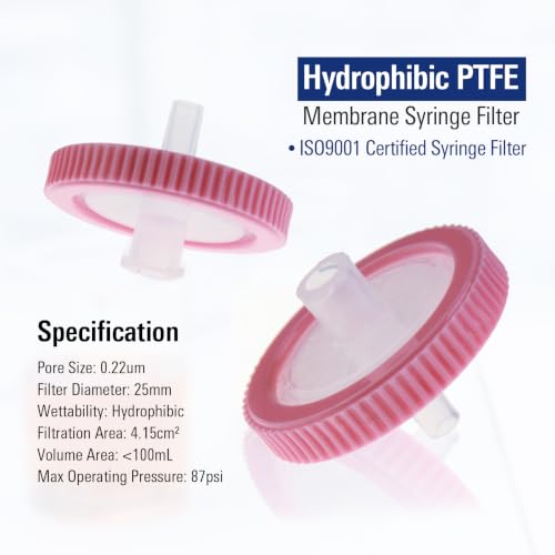 Image of PEKYBIO Sterile Syringe Filter, 25mm PTFE Hydrophobic Filtration 0.22μm Pore Size with Pink Smooth Ring, Individually Packed for Lab, Pack of 10
