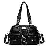 Myhozee Handtasche Damen Mittelgroß PU Leder Umhängetasche Damen Tasche Praktisch Tote Bag Handtaschen für Damen Schultertasche im Retro  Stil City Bag Uni Tasche Schwarz