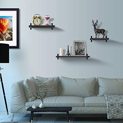 Rr Round Rich Design Shelving Wall Mounted Rustic Wood Floating Shelves Metal Brackets Storage Set For Bathroom Bedroom Living Room Kitchen Black #TOP2