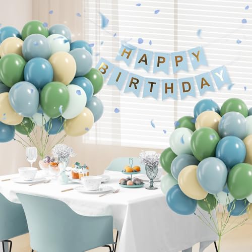 Image of 12inch Blue and Green Balloons with Sage Dusty Blue Pastel Green Balloons | Bridal, Woodland, Birthday, Baby Shower Decorations