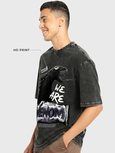 Image of Bewakoof X Marvel Venom Men's 100% Cotton Graphic Print Oversized Fit Half Sleeve Round Neck T-Shirt | Casual Wear | Street Wear | Oversized t Shirt for Men Cotton | Baggy