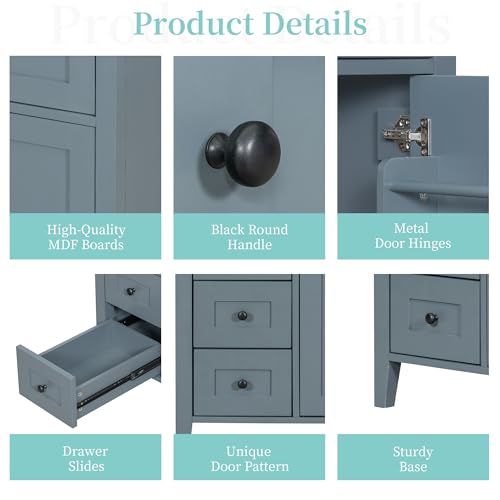 Image of 30 inch Bathroom Vanities with Top Set, Cabinet with Multi-Functional Tip-Out Drawer and Adjustable Shelf, Soft-Closing Door, Solid Wood Legs, Blue Gray