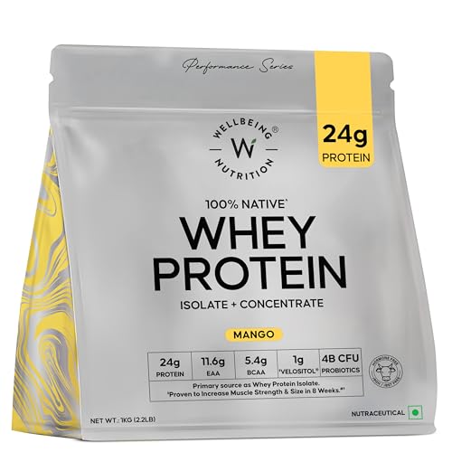 Wellbeing Nutrition Clean Whey Protein Isolate & Concentrate 1Kg Mango | 24g Protein, Clinically Proven Velositol 2x Muscle Protein Synthesis, 4B CFU Probiotics & Digestive Enzymes, Easy to Digest