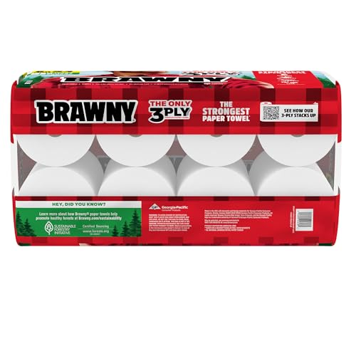 brawny tear-a-square 3-ply paper towels 8 triple rolls  24 regular rolls strong absorbent and durable with 3 sheet sizes quarter half full