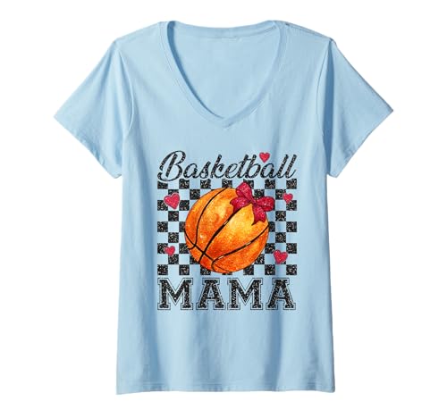 Damen Basketball Mama Coquette Bow Game Days Retro Muttertag T-Shirt mit V-Ausschnitt