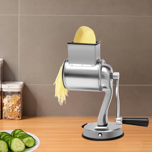 NIENIEE Stainless Steel Rotary Grater - 5-Blade Vegetable & Cheese Shredder with Suction Base, Dishwasher Safe Mandoline Slicer for Potato/Carrot (Commercial Grade)
