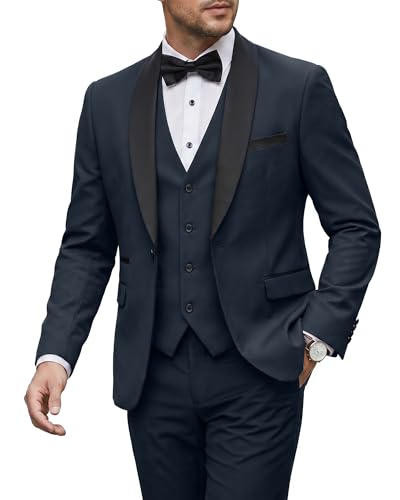 Image of MY'S Mens 3 Piece Tuxedo Set with Bow Tie, Shawl Lapel One Button Jacket Vest & Pants, Slim Fit Suit Prom Party Wedding Tux