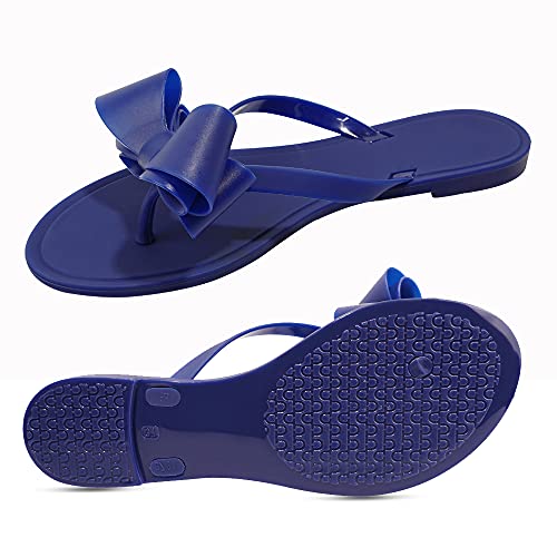 Image of TYFLOVE Women Rivet Flip Flops Studded Jelly Thong Sandals with Bow Summer Bowtie Flat Beach Rain Shoes