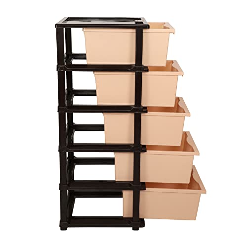 Image of SIMPARTE 5 Layer Plastic Drawer Storage Organizer Big in Brown & Beige - Durable Modular Cabinet for Home, Office, Kitchen, Kids Room & School - Multipurpose Storage Rack for Toys & More