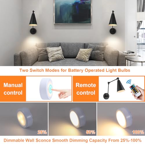 Image of MWZ Black Swing Arm Wireless Rechargeable Sconces Set of 2,Battery Operated Dimmable 3 Color Cordless Wall Lamp with Remote,Indoor Wall Mounted Light Fixture with Cone Metal Shade for Bedside