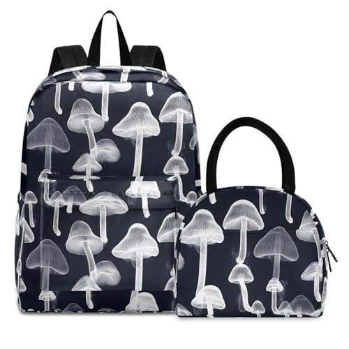 Backpack Lunch Bag Set Clear Mushroom Print, Big Storage Travel Backpacks with Insulated Lunch Box for Office Hiking Picnic