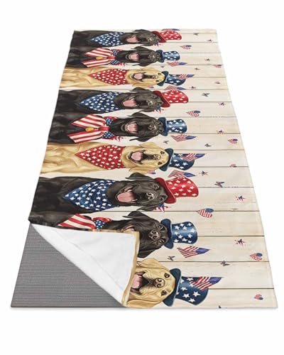 BOSIJOY Yoga Mat Towel,Patriotic Dogs on Wood Non Slip Sweat Absorbent Hot Yoga Towels with Corner Pockets,Independence Day Star Heart USA Flag Soft Microfiber Towel for Pilates Bikram 70