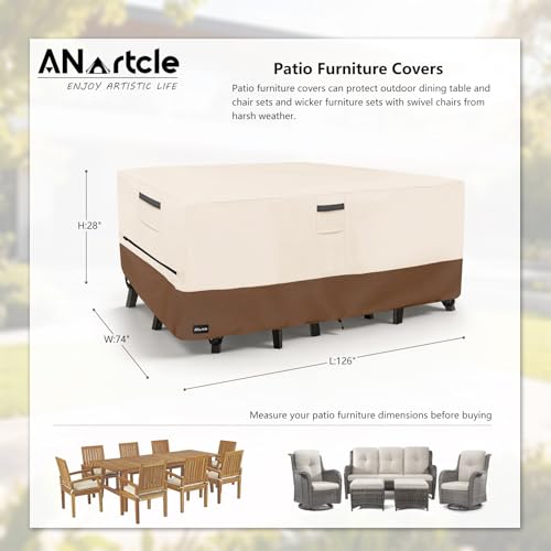 Image of ANartcle Patio Furniture Covers 126L x 74W x 28H inch,600D Waterproof Heavy Duty Outdoor Furniture Covers,Outdoor Wicker Furniture Set with Swivel Patio Chairs General Purpose Furniture Cover,Beige