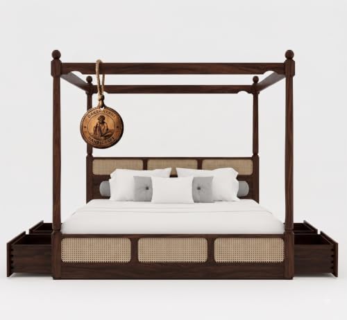 Image of Sheesham Solid Wood Allure Poster Bed for Bedroom | Handmade Wooden Cot | Elegant Four Poster King Size Bed Frame (Walnut, Queen, Allure with Storage(Cane))