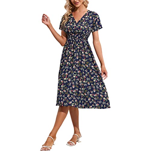 Vestidos Otoño Mujer Manga Larga Temperamento Cuello en V Impresión Cintura Elástica Pequeña Falda Floral Una Línea Larga Falda Fluida Gran Dobladillo Ajustado Vestido Mujer Elegante, marine, XL