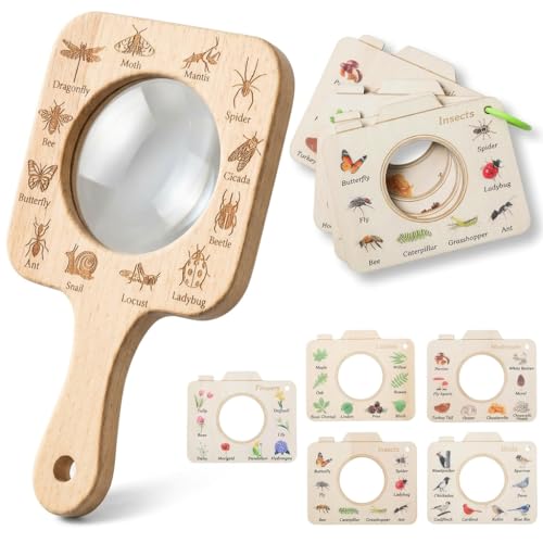 Outdoor Exploration Magnifying Glass, Montessori Wooden Magnifying Glass, Includes Wooden Insect Cards, Suitable for Outdoor Adventures, an for Boys and Girls Aged 3 and Up.